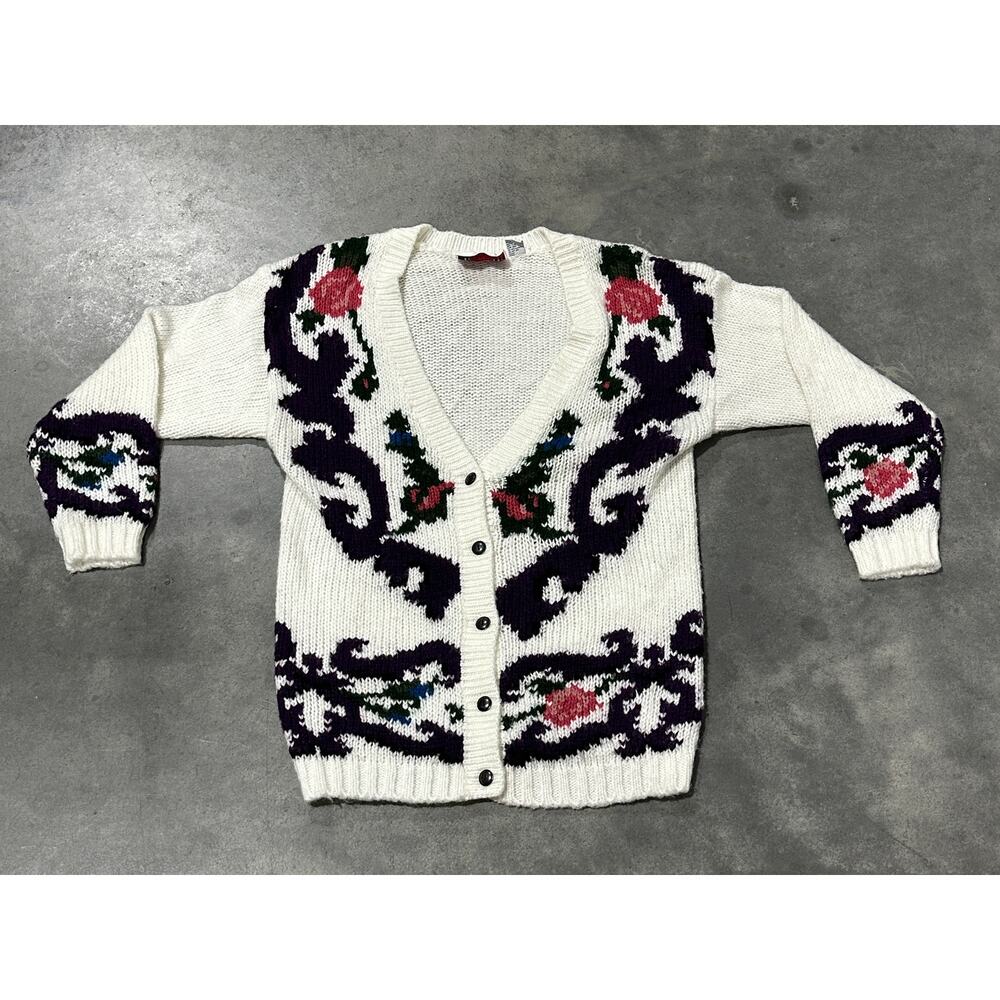 1980s Extra Touch White Cardigan with Floral Design Size 40/20W ~ 260402-WH 349